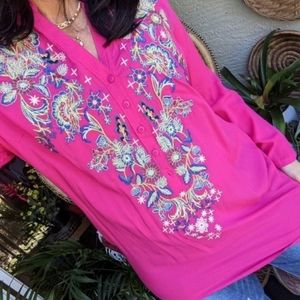 Luna Moon 100% Rayon Hot Pink Boho Tunic Floral Embroidered Tunic Blouse Top S